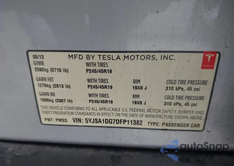 2013 Tesla Model S из США, поврежденный, VIN 5YJSA1DG7DFP11382